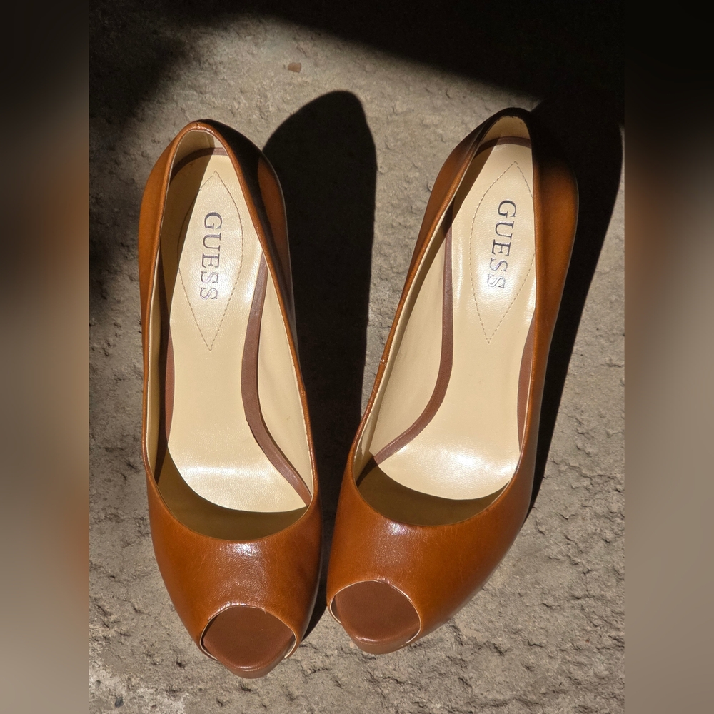 Guess Women's Tan Peep Toe Heels